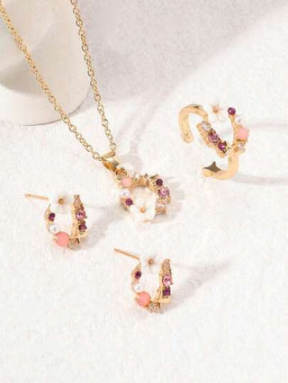 طقم إكسسوارات مجوهرات فاخر للأطفال من سبيكة معدنية مزخرفة بالزهور، أقراط، خاتم، قلادة، هدية عصرية للبنات/حفيدات، موسم العودة للمدارس