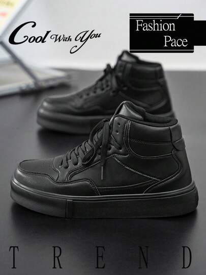 أحذية رياضية رجالية عالية الكاحل من الجلد الأسود ذات تصميم كلاسيكي وقطع جلدية مقاومة للماء، بطراز رجعي مناسب لجميع المواسم، وحذاء كاجوال راحة مع رباط للتزلج