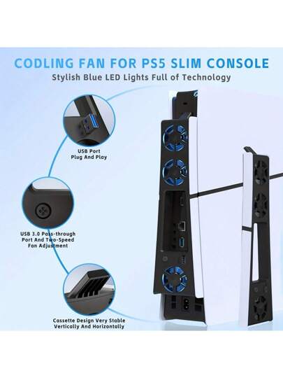 مروحة تبريد عالية الكفاءة مع تحكم في درجة الحرارة متوافقة مع وحدة تحكم PS5 Slim، سرعتان قابلتان للتعديل، نظام تبريد فعال مع 3 مراوح تبريد عالية السرعة، USB 3.0، ضوضاء منخفضة، إضاءة LED، متوافقة مع إصدار PS5 Slim للقرص/الإصدار الرقمي