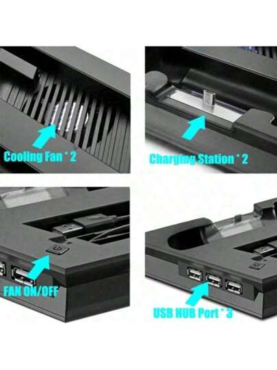 قاعدة تبريد رأسية رفيعة المقاس و محطة شحن مزدوجة للذراعين USB وموزع 3 منافذ إضافية للوحدة التحكم لأجهزة بلاي ستيشن 4 سليم وبرو لملحقات الألعاب