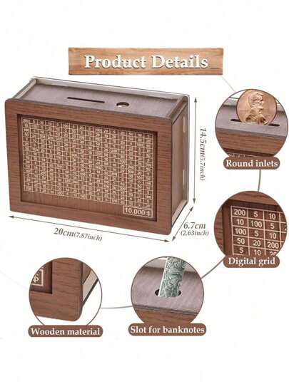 أثاث مكتبي صندوق خشبي للادخار والحماية، صندوق خشبي لجمع النقود، صندوق خشبي لحفظ النقود مزود بهدف لعد القطع المعدنية ، صندوق خشبي للقطع المعدنية مناسب للأولاد والبنات