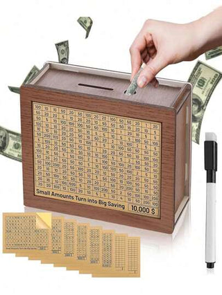 أثاث مكتبي صندوق خشبي للادخار والحماية، صندوق خشبي لجمع النقود، صندوق خشبي لحفظ النقود مزود بهدف لعد القطع المعدنية ، صندوق خشبي للقطع المعدنية مناسب للأولاد والبنات