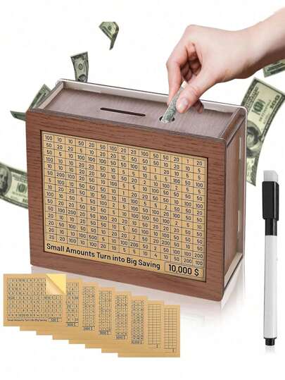 أثاث مكتبي صندوق خشبي للادخار والحماية، صندوق خشبي لجمع النقود، صندوق خشبي لحفظ النقود مزود بهدف لعد القطع المعدنية ، صندوق خشبي للقطع المعدنية مناسب للأولاد والبنات