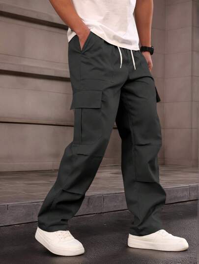 Manfinity Homme بنطلون رجالي كاجوال بسحاب ولون أحادي، ملابس شارع لليومي