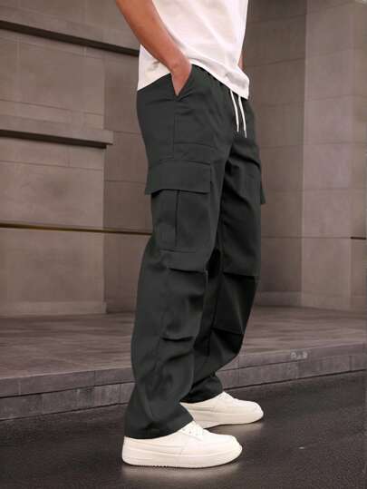 Manfinity Homme بنطلون رجالي كاجوال بسحاب ولون أحادي، ملابس شارع لليومي