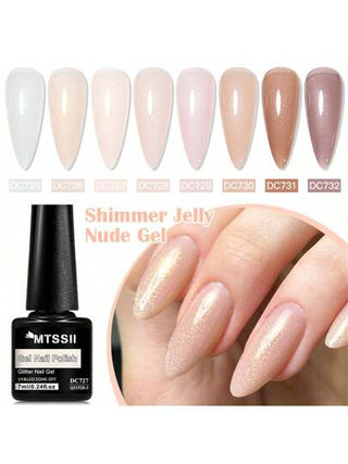 Mtssii 8 قطع مجموعة طلاء أظافر جل لامع ولامع، 7 مل جل شفاف لامع للصيف، أظافر جل شبه دائم بدون نقع عملية بالأشعة فوق البنفسجية LED، عبوات مختلفة للصالونات والمنازل