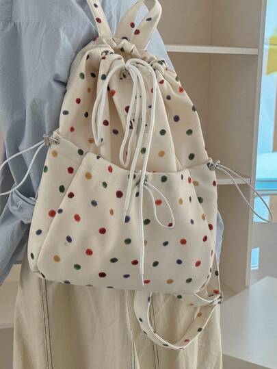 حقيبة ظهر كبيرة السعة ذات رسم نقاط بسحاب قابل للفتح مع جيوب متعددة، مناسبة للنزهات والسفر والتسوق والعطلات