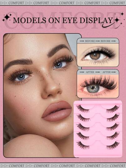 5 أزواج من رموش مستعارة طبيعية الحجم والتجعيد بخط أسود على شكل عين القطة لتكبير مظهر العين، مناسبة للاستخدام اليومي والمواعدة، ضروري للمكياج