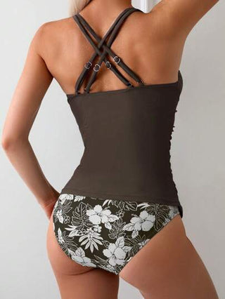 طقم تانكيني حريمي Swim Lushoire طقم بكيني كامي مطبوع عشوائيا, طبعة إستوائية أنيقة, إطلالة كاجوال لفصل الربيع/الصيف, العطلات, الشاطئ, الحفلات