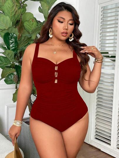 Swim Vcay ملابس سباحة عبارة عن قطعة واحدة لذوات الأحجام الكبيرة ذات رقبة مربعة ومضمومة للتحكم في البطن بلون أحادي ، مخرم، ملائم للاستخدام اليومي بتصميم بسيط