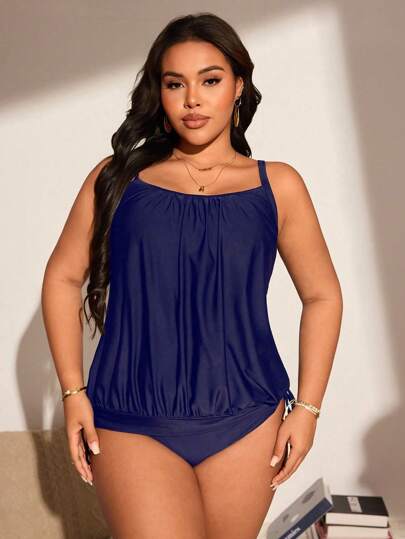 Swim Lushoire للمرأة ذات البدانة، إضافة 2 قطعة، بدلة سباحة بفتحات رقبة رفيعة وبقصة جسم خفية لحماية البطن مع فصوص سفلية، متسمة بالبساطة و الرسمية