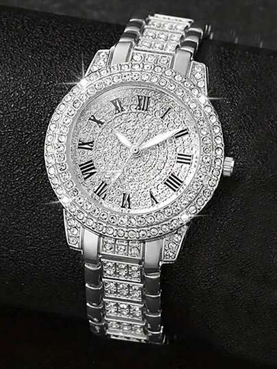 مجموعة مكونة من قطعتين: ساعة كوارتز مرصعة بالماس من سبيكة ذهبية عصرية وسوار مربوط، مجموعة هدايا ساعة لحفلات الأعياد والعيد، ساعة حفلة براقة باللون الفضي