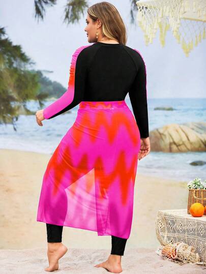 Swim Shayni بدلة سباحة حجم كبير للنساء من قطعتين، تانكيني ذو طبعة زهور بالتدرج اللوني، تصميم مخصر، أكمام طويلة مموجة، سحاب أمامي ، فستان ماكسي شبكي، فستان سباحة للعطلات الشاطئية