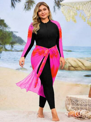 Swim Shayni بدلة سباحة حجم كبير للنساء من قطعتين، تانكيني ذو طبعة زهور بالتدرج اللوني، تصميم مخصر، أكمام طويلة مموجة، سحاب أمامي ، فستان ماكسي شبكي، فستان سباحة للعطلات الشاطئية