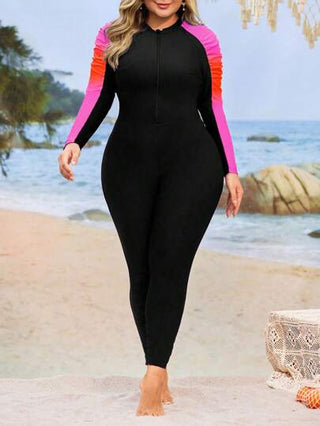 Swim Shayni بدلة سباحة حجم كبير للنساء من قطعتين، تانكيني ذو طبعة زهور بالتدرج اللوني، تصميم مخصر، أكمام طويلة مموجة، سحاب أمامي ، فستان ماكسي شبكي، فستان سباحة للعطلات الشاطئية