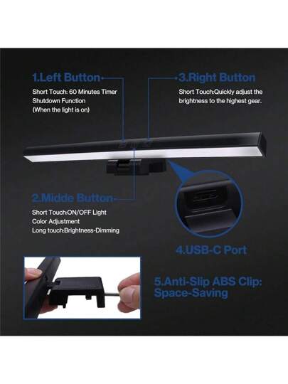 شريط إضاءة للشاشة، نور كمبيوتر يعمل بالطاقة من USB، ضوء LED لرعاية العين، مصباح شاشة قابل للتعتيم مع درجة السطوع والحرارة القابلة للتعديل للمكتب والمنزل والألعاب