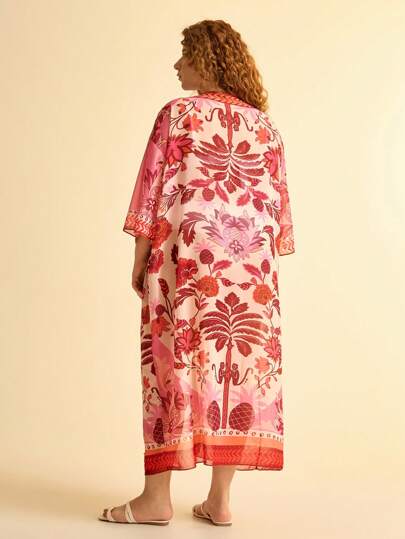 CAJUNI بوهو طباعة الأزهار المدبوغة الوردية بحجم كبير للنساء ملابس شاطئ صيفية مريحة، غطاء كيمونو فضفاض طويل