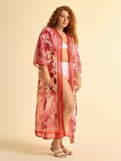 CAJUNI بوهو طباعة الأزهار المدبوغة الوردية بحجم كبير للنساء ملابس شاطئ صيفية مريحة، غطاء كيمونو فضفاض طويل