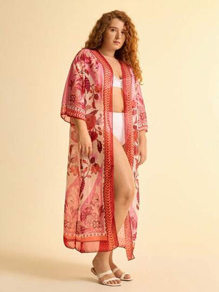 CAJUNI بوهو طباعة الأزهار المدبوغة الوردية بحجم كبير للنساء ملابس شاطئ صيفية مريحة، غطاء كيمونو فضفاض طويل