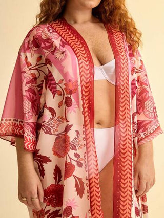 CAJUNI بوهو طباعة الأزهار المدبوغة الوردية بحجم كبير للنساء ملابس شاطئ صيفية مريحة، غطاء كيمونو فضفاض طويل