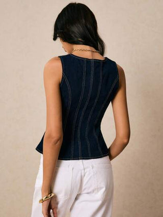 Poéselle ملابس علوية جينز نسائي جديد القدوم بفتحة رقبة مربعة وأربطة وزخرفة إبزيم معدني في الخلف والخصر وحاشية كشكشة، ملابس خريفية ذات لون أزرق داكن طراز إنجليزي أنيق للشارع والاستخدام اليومي والسفر