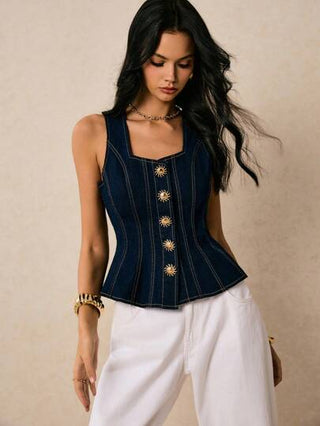 Poéselle ملابس علوية جينز نسائي جديد القدوم بفتحة رقبة مربعة وأربطة وزخرفة إبزيم معدني في الخلف والخصر وحاشية كشكشة، ملابس خريفية ذات لون أزرق داكن طراز إنجليزي أنيق للشارع والاستخدام اليومي والسفر