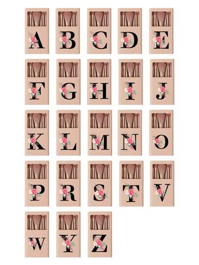 1 طقم فرش مكياج محمولة خمسة قطع مطبوع عليها أزهار وأحرف أبجدية A-Z باللون الوردي وأبيض مع نقش إنجليزي، أطقم فرش مكياج بعلب، فرش مكياج متعددة الوظائف مع علب مرايا