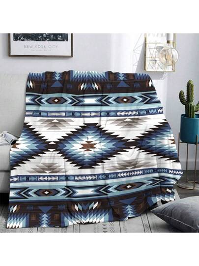 1 بطانية مطبوعة بطراز هندسي فاخر من الصوف - ناعمة ودافئة ومقاومة للتمزق، مناسبة لجميع الفصول، رائعة للأريكة والتخييم والسفر، بنقش موجي أزرق، قابلة للغسل في الغسالة ، ألوان زاهية وبطانية دافئة