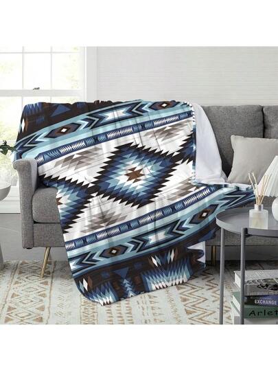 1 بطانية مطبوعة بطراز هندسي فاخر من الصوف - ناعمة ودافئة ومقاومة للتمزق، مناسبة لجميع الفصول، رائعة للأريكة والتخييم والسفر، بنقش موجي أزرق، قابلة للغسل في الغسالة ، ألوان زاهية وبطانية دافئة