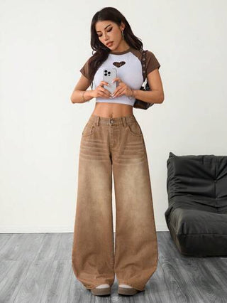PETITE بنطلون جينز على الطراز الغربي ذو خصر منخفض مستقيم باللون الطني ملائم لارتداء الشارع في أسلوب Y2K، بنطال جينز نسائي