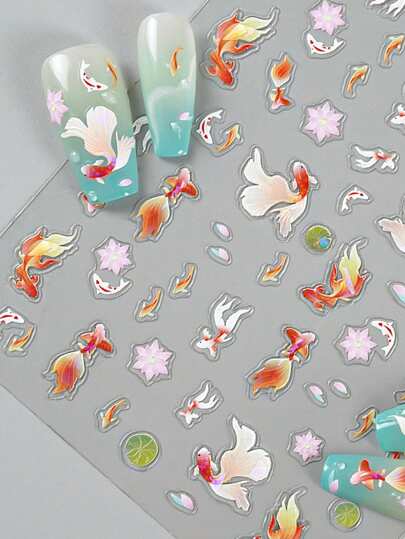 Beautizon Nailartlab قطعة واحدة ملصق زخرفة أظافر منقوش ثلاثي الأبعاد 5D هولوجرافي - بشكل سمكة ذهبية ونموذج ورقة اللوتس, ملصق أظافر فني DIY بطراز Y2K, ديكور أظافر للبنات