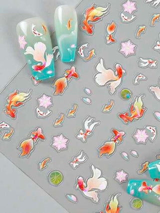 Beautizon Nailartlab قطعة واحدة ملصق زخرفة أظافر منقوش ثلاثي الأبعاد 5D هولوجرافي - بشكل سمكة ذهبية ونموذج ورقة اللوتس, ملصق أظافر فني DIY بطراز Y2K, ديكور أظافر للبنات