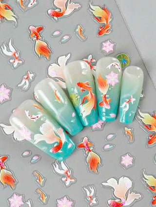 Beautizon Nailartlab قطعة واحدة ملصق زخرفة أظافر منقوش ثلاثي الأبعاد 5D هولوجرافي - بشكل سمكة ذهبية ونموذج ورقة اللوتس, ملصق أظافر فني DIY بطراز Y2K, ديكور أظافر للبنات