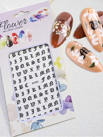 1 قطعة ملصقات فن الأظافر بحرف جوتيك ثلاثي الأبعاد، 1 ورقة ملصقات أبجدية للأظافر بخط إنجليزي قديم باللون الأسود والوردي والذهبي، تصميم وشم، ديكور لمعالجة الأظافر باليد، لوازم الأظافر