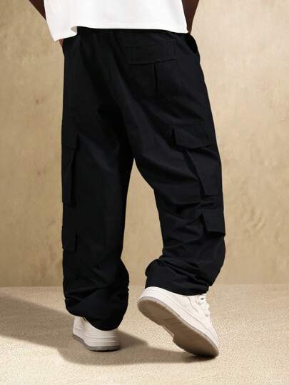 SUMWON بنطلون شحن متميز قطن واسع الساق ملابس الشارع بنطال رحب به جيوب متعددة خصر بسحّاب تصميم للخريف والشتاء بنطلون قطني كاجوال