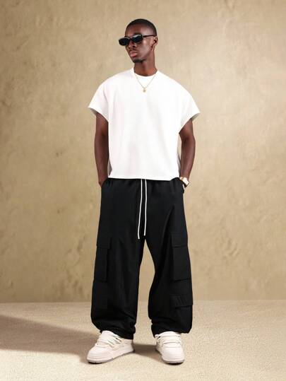 SUMWON بنطلون شحن متميز قطن واسع الساق ملابس الشارع بنطال رحب به جيوب متعددة خصر بسحّاب تصميم للخريف والشتاء بنطلون قطني كاجوال