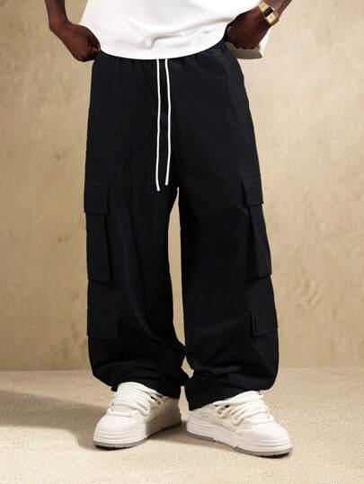 SUMWON بنطلون شحن متميز قطن واسع الساق ملابس الشارع بنطال رحب به جيوب متعددة خصر بسحّاب تصميم للخريف والشتاء بنطلون قطني كاجوال