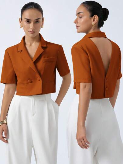 Aveloria Modichic بليزر جديد عصري أنيق ومتطور من نسيج راقي ذو نسيج متقن، تصميم طوق قصير ذو ظهر متقاطع للسيدات لارتداء في التنقل والخروج