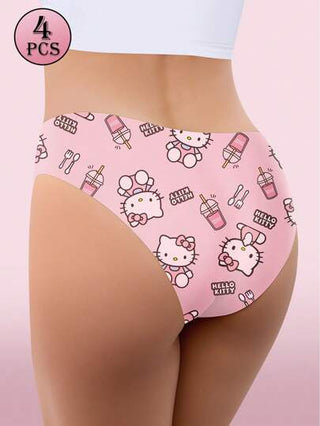 Sanrio 4 قطع من ملابس داخلية نسائية محبوك أبيض بطبعات هالو كيتي ذات خصر منخفض