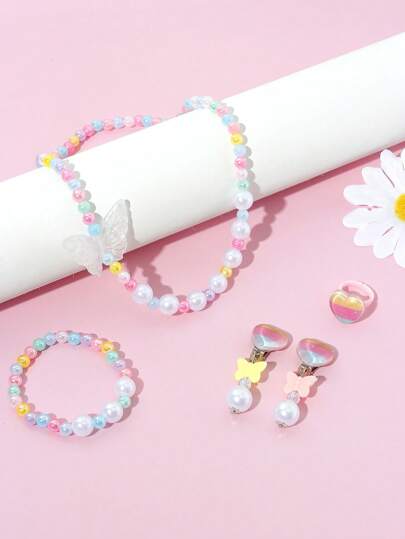 5 قطع/مجموعة من الأساور واللآلئ المزينة بنجوم ذات ألوان ، قلادة، أقراط، وخاتم، مناسبة للاستخدام اليومي والمناسبات والاحتفالات، ألوان عشوائية