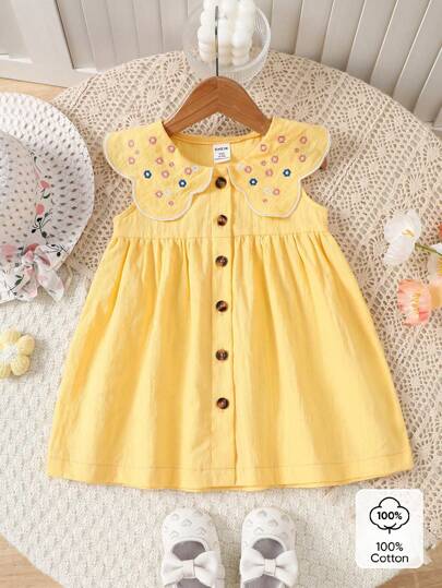 فساتين بيبي فستان أنيق مطرز منمط بدون أكمام بطراز إقليمي جميل للبنات الرضع، رومبير قطنية ذات ألياف من البامبو بطراز الأميرة مفتوحة الأزرار بالكامل