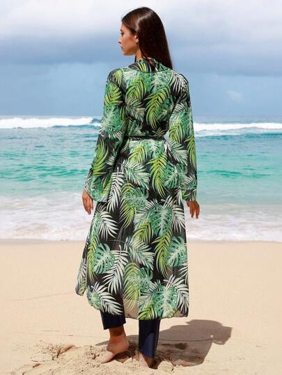 Swim Shayni طقم نسائي مكون من 3 قطع للتغطية، سروال ضيق ذو قصة جرس والسترة بياقة مستديرة وأكمام طويلة بطبعة الأوراق، إطلالة محتشمة للعطلات تشبه البوركيني