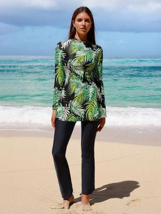 Swim Shayni طقم نسائي مكون من 3 قطع للتغطية، سروال ضيق ذو قصة جرس والسترة بياقة مستديرة وأكمام طويلة بطبعة الأوراق، إطلالة محتشمة للعطلات تشبه البوركيني