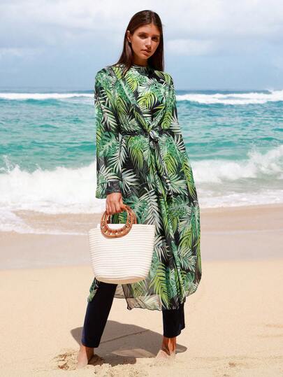 Swim Shayni طقم نسائي مكون من 3 قطع للتغطية، سروال ضيق ذو قصة جرس والسترة بياقة مستديرة وأكمام طويلة بطبعة الأوراق، إطلالة محتشمة للعطلات تشبه البوركيني