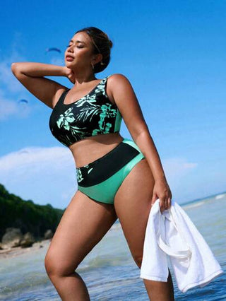 Swim Lushoire مجموعة من قطعتين للمرأة البدينة: توب بحزام واسع متعدد الألوان وسراويل متعددة الألوان ذات خصر عالي، مثالية للشاطئ والعطلات الصيفية