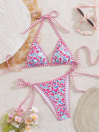 طقم تانكيني حريمي Swim Vcay 2 قطعة/مجموعة بدلة سباحة من قطعتين بتصميم تايركي وطباعة عشوائية لربطة الرقبة محبوك للنساء
