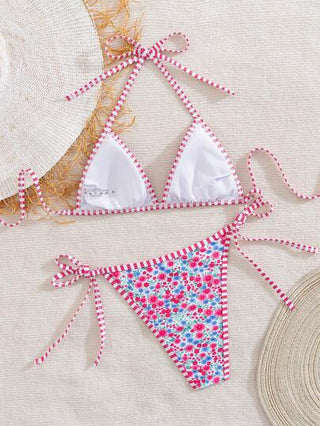 طقم تانكيني حريمي Swim Vcay 2 قطعة/مجموعة بدلة سباحة من قطعتين بتصميم تايركي وطباعة عشوائية لربطة الرقبة محبوك للنساء