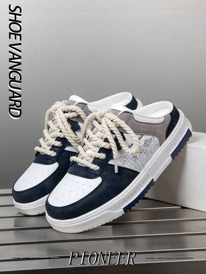 أحذية رياضية مسطحة للرجال ذات تصميم ألوان متناسقة وطباعة عشوائية، للمراهقين، أحذية رياضية للخارج سهلة الارتداء، خفيفة الوزن، مريحة وكاجوال