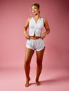 MISSGUIDED Missguided x Playboy طقم بيجامة ذو نسيج مموج بأزرار أمامية مع خصر مطاطي وشورت قصير، ملابس استرخاء وراحة منزلية حديثة