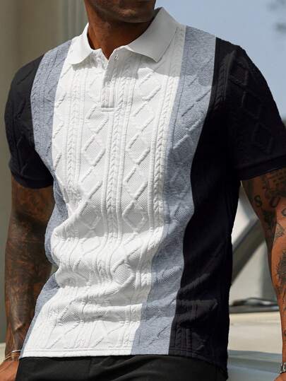 Manfinity Homme قميص بولو قصير الأكمام بنمط جاكار ولون متباين ، للرجال ، كاجوال